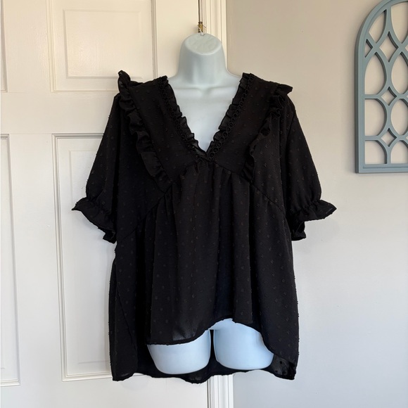 SHEIN Tops - SHEIN Black Ruffle V-Neck Blouse